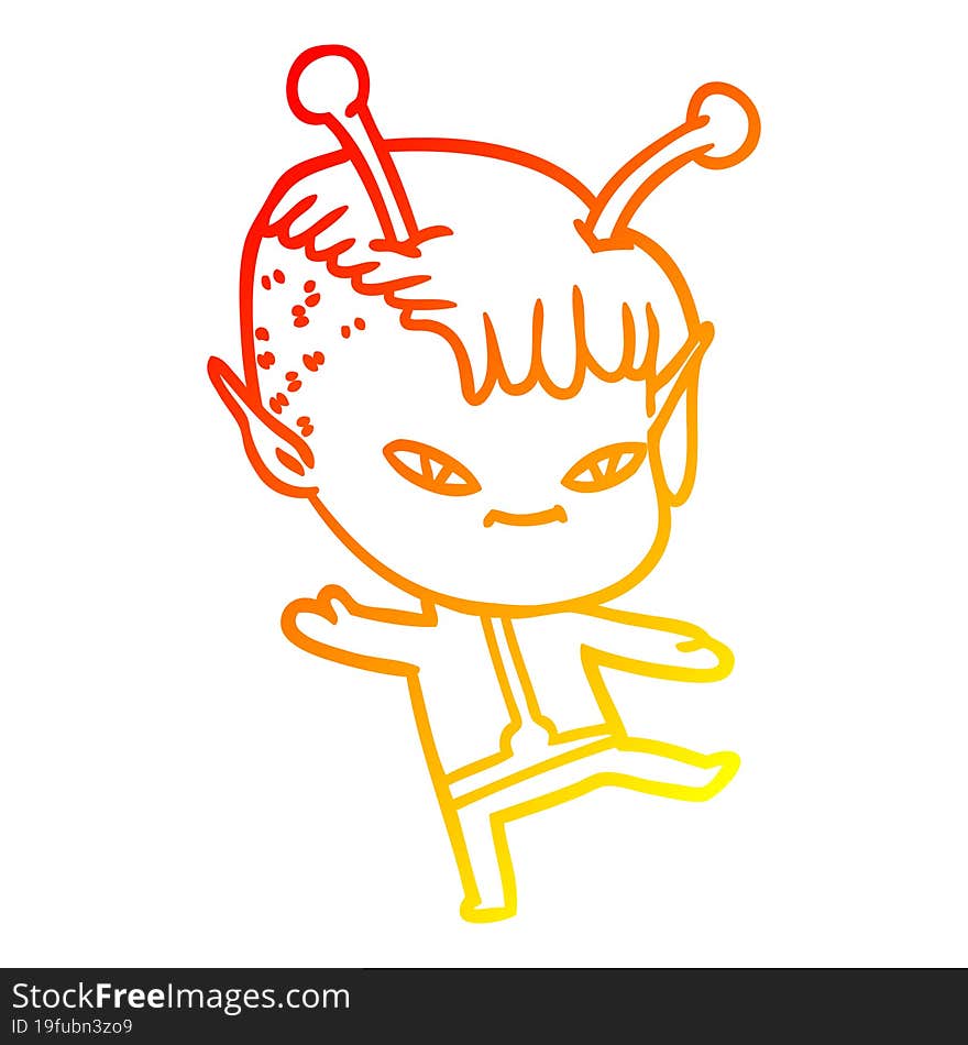 warm gradient line drawing of a cute cartoon alien girl