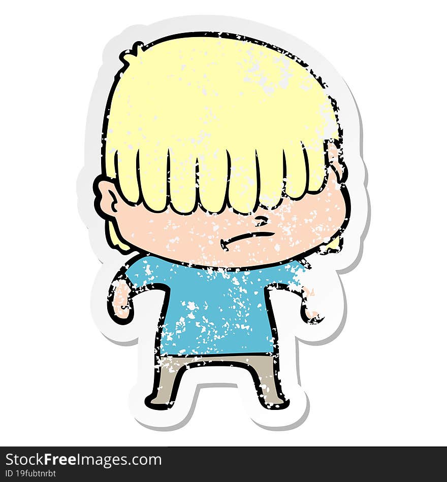 distressed sticker of a cartoon boy with untidy hair