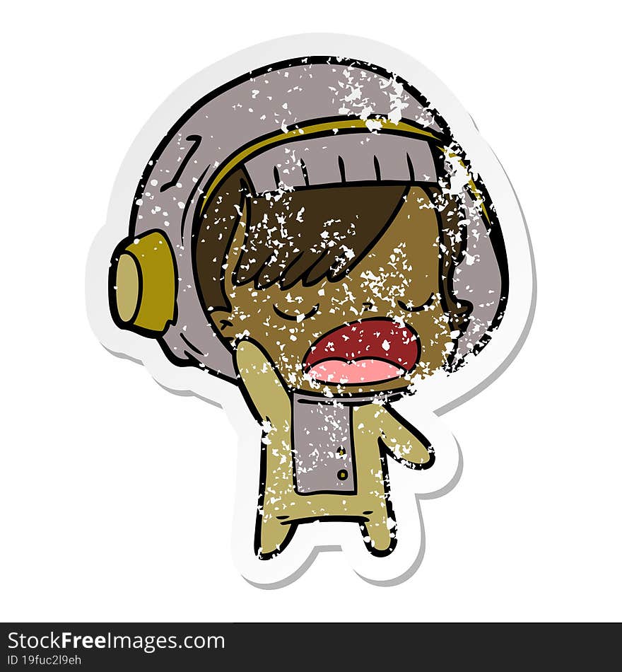 distressed sticker of a cartoon astronaut woman explaining