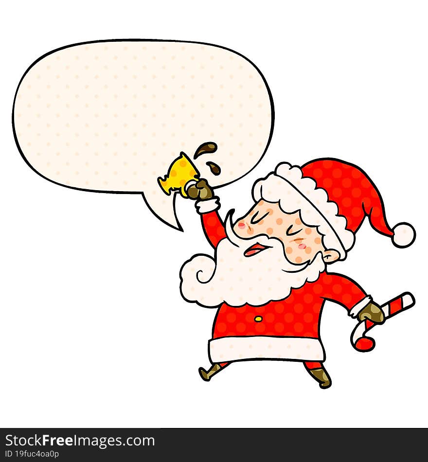 cartoon santa claus and hot cocoa and speech bubble in comic book style