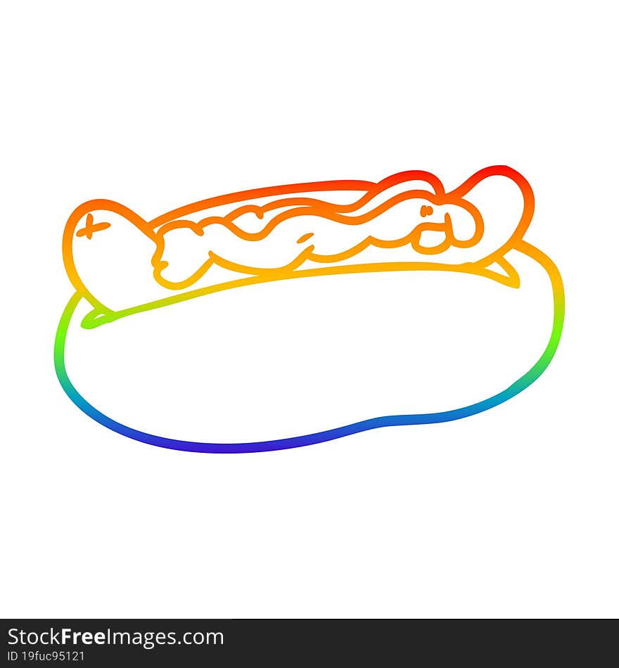 rainbow gradient line drawing hotdog with mustard and ketchup