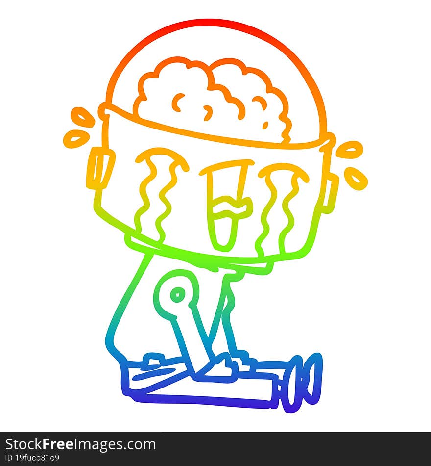 rainbow gradient line drawing of a cartoon crying robot