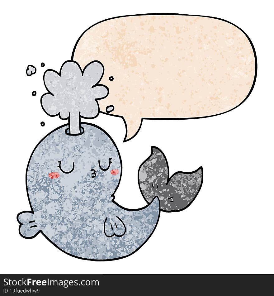 cartoon whale spouting water and speech bubble in retro texture style