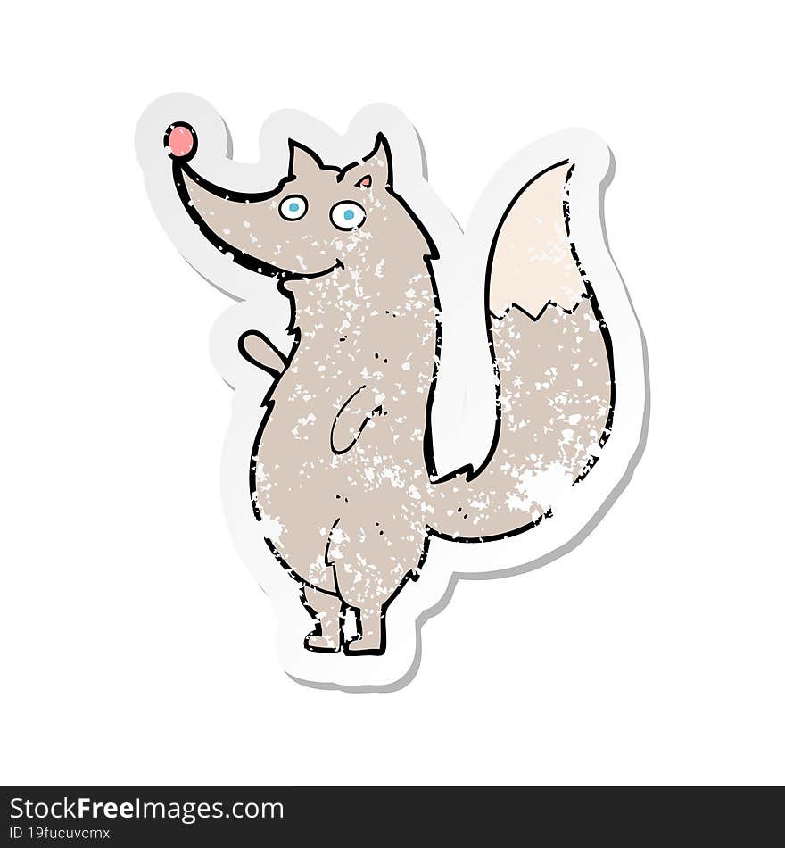 retro distressed sticker of a cartoon waving wolf