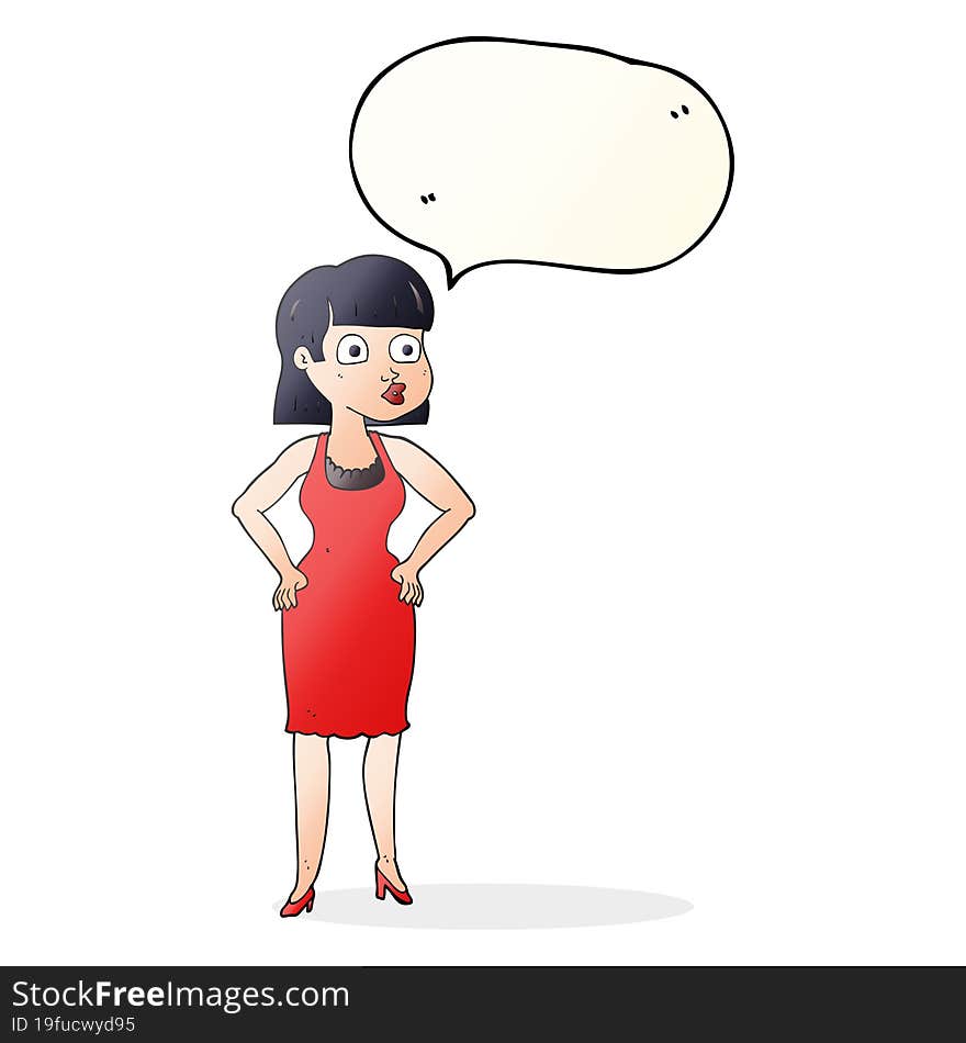 freehand drawn speech bubble cartoon woman in dress with hands on hips