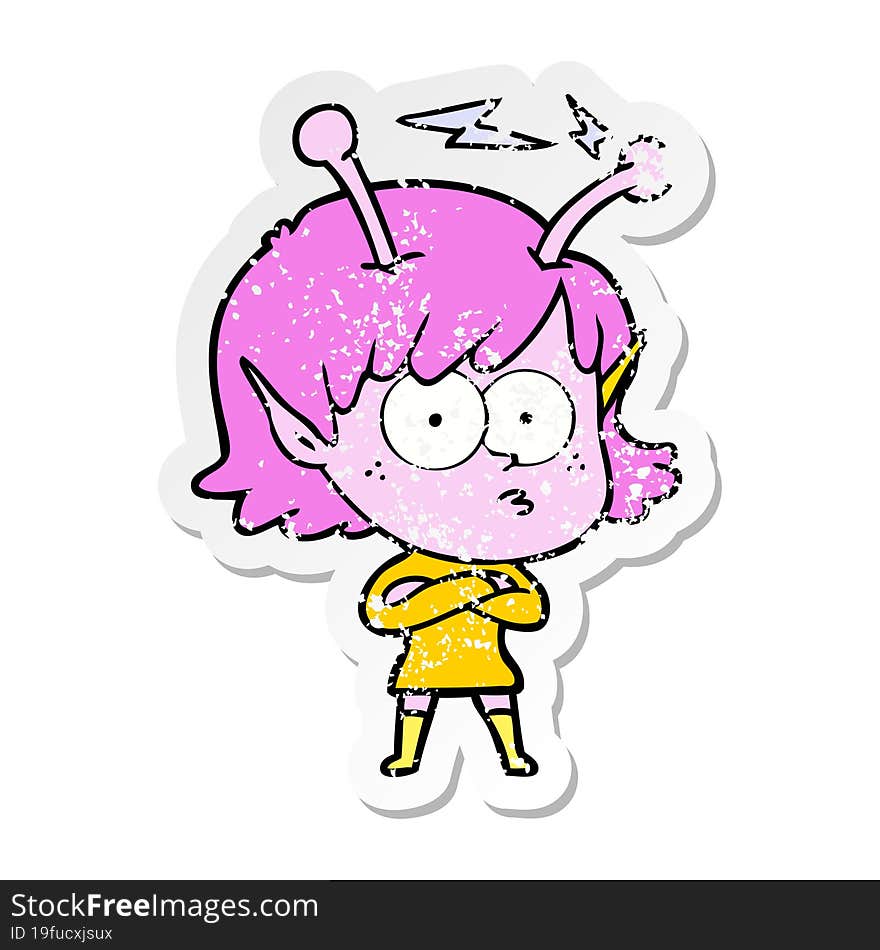 Distressed Sticker Of A Cartoon Alien Girl