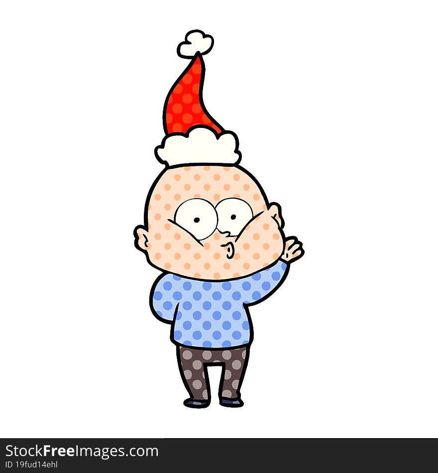 Comic Book Style Illustration Of A Bald Man Staring Wearing Santa Hat