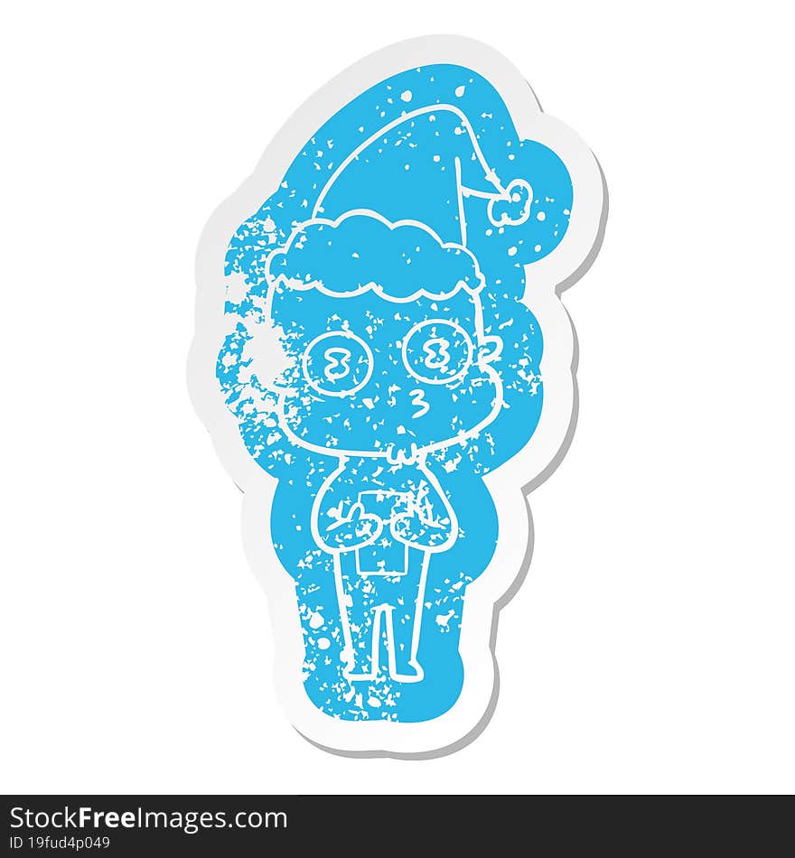 cartoon distressed sticker of a weird bald spaceman wearing santa hat