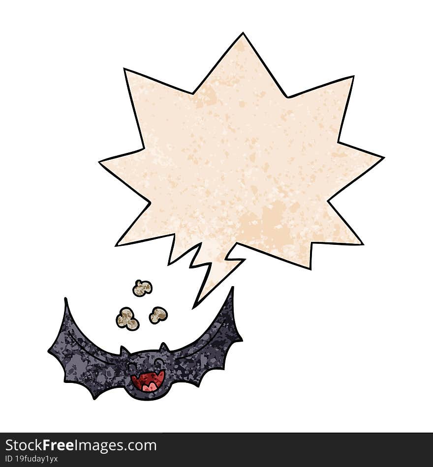 cartoon bat and speech bubble in retro texture style