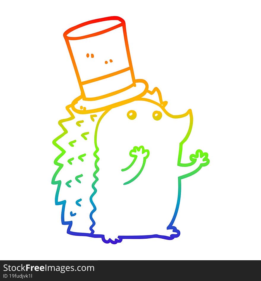 rainbow gradient line drawing cartoon hedgehog wearing hat