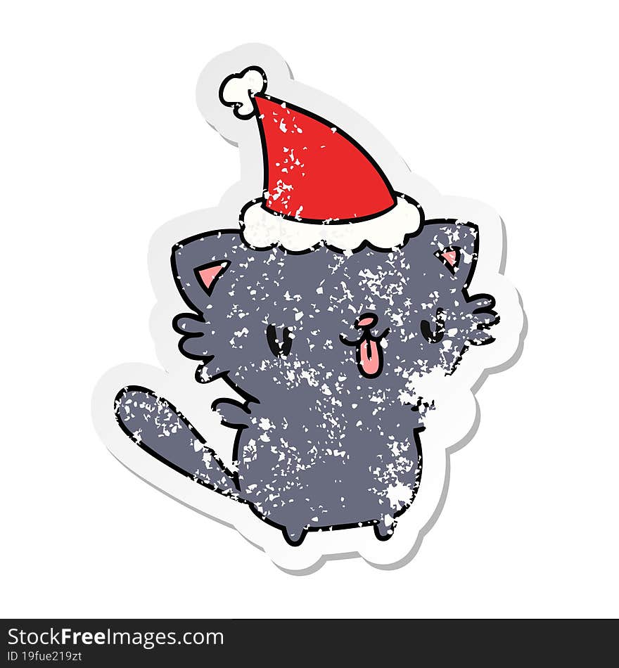 Christmas Distressed Sticker Cartoon Of Kawaii Cat