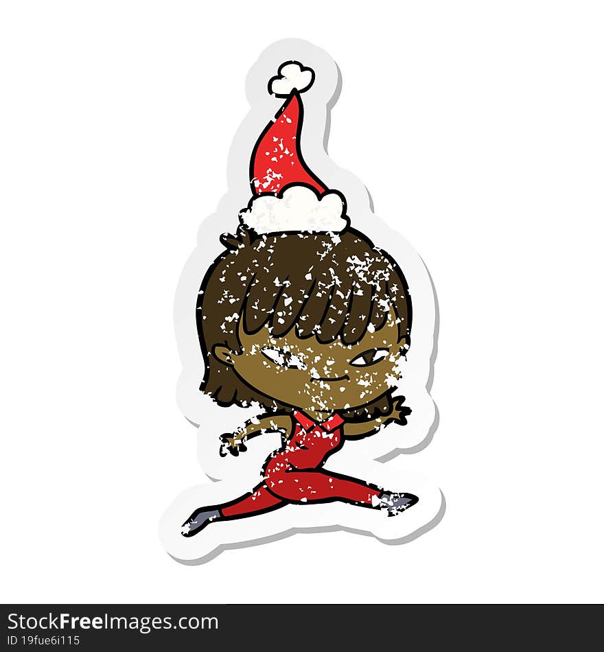 hand drawn distressed sticker cartoon of a woman wearing santa hat