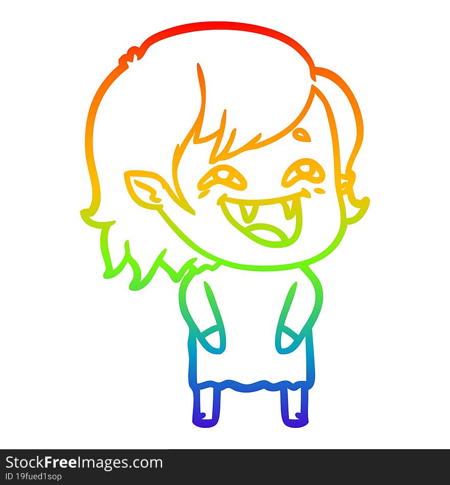 rainbow gradient line drawing of a cartoon laughing vampire girl