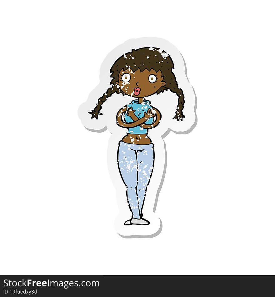 retro distressed sticker of a cartoon offended woman covering herself