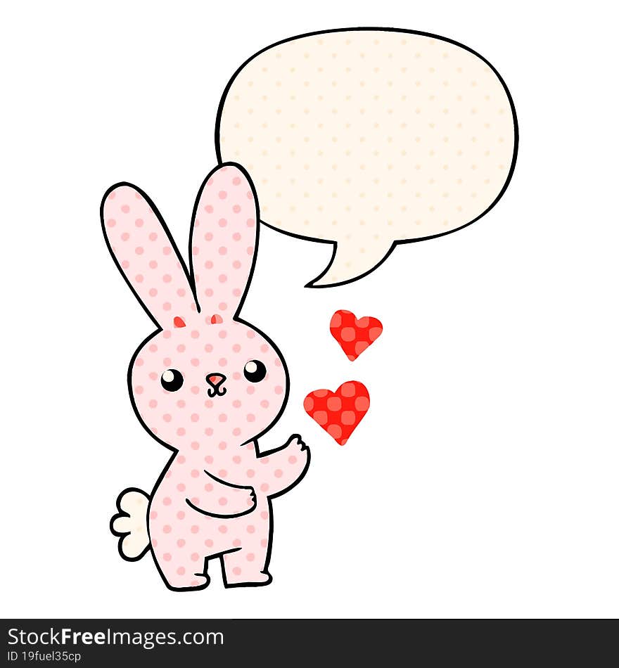 cute cartoon rabbit and love hearts and speech bubble in comic book style