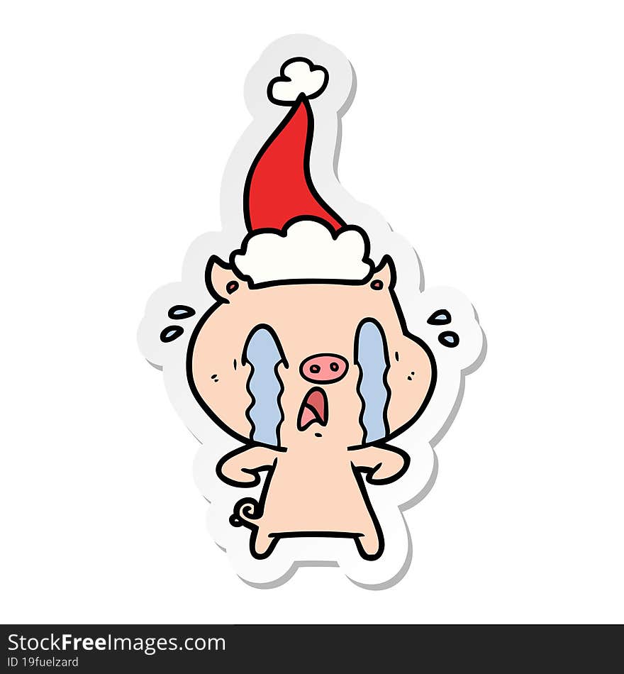 crying pig sticker cartoon of a wearing santa hat