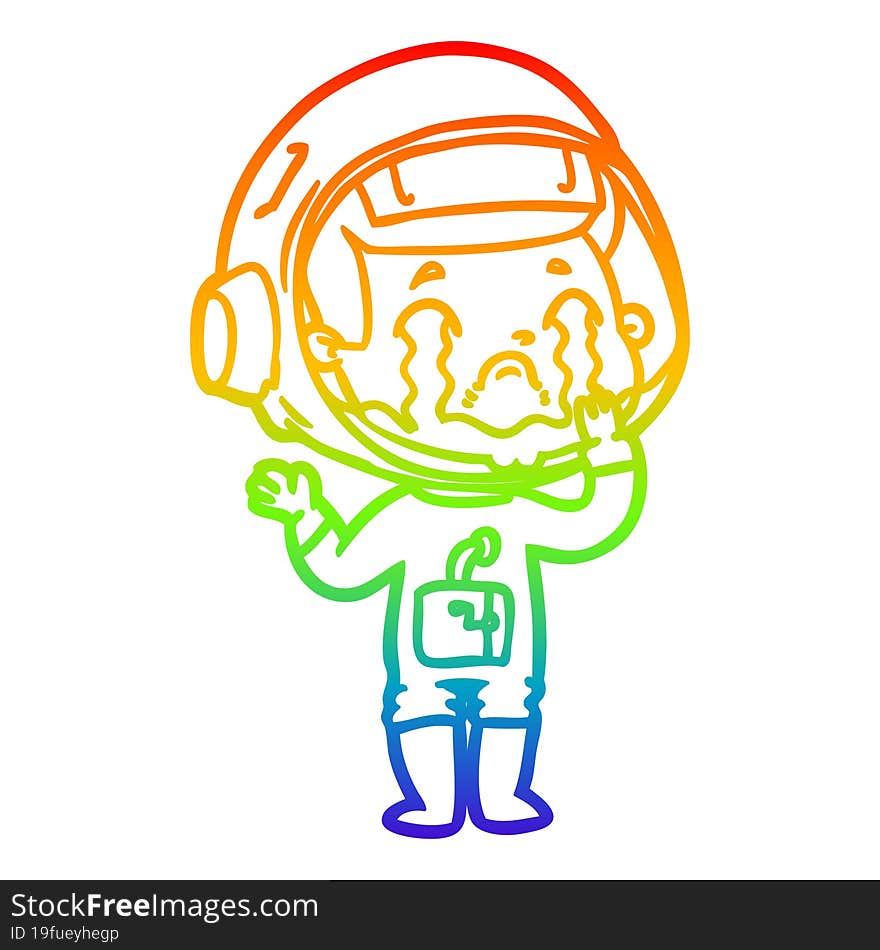 rainbow gradient line drawing of a cartoon crying astronaut