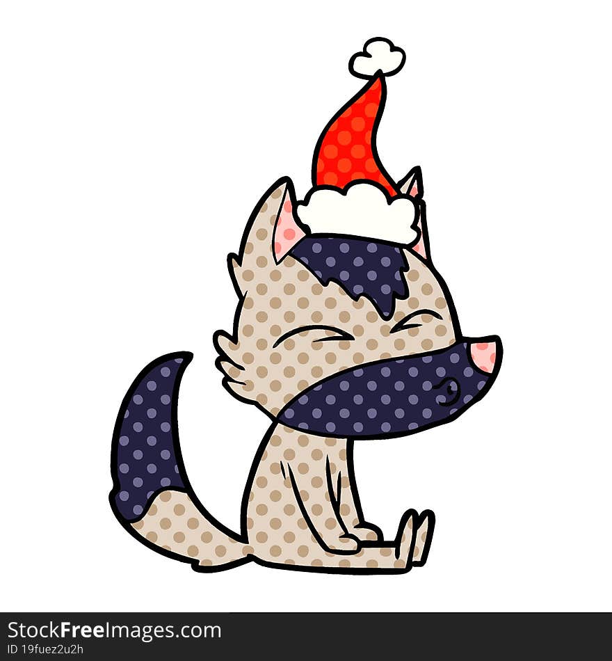 comic book style illustration of a wolf whistling wearing santa hat