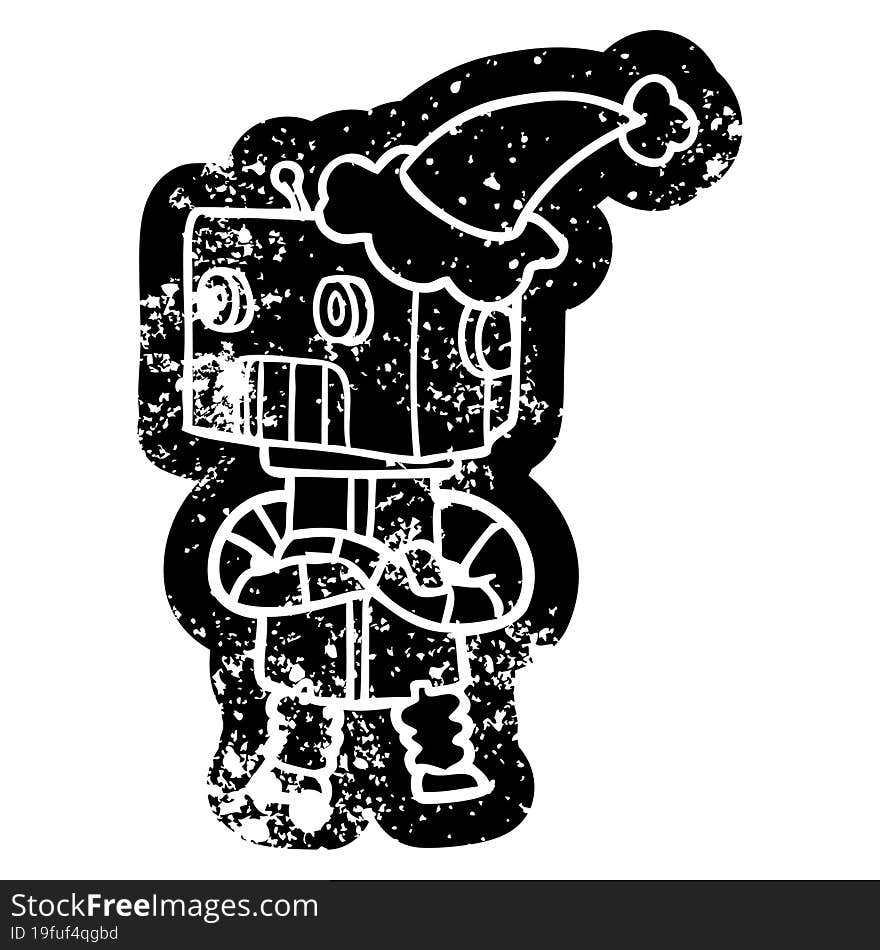 Cartoon Distressed Icon Of A Robot Wearing Santa Hat