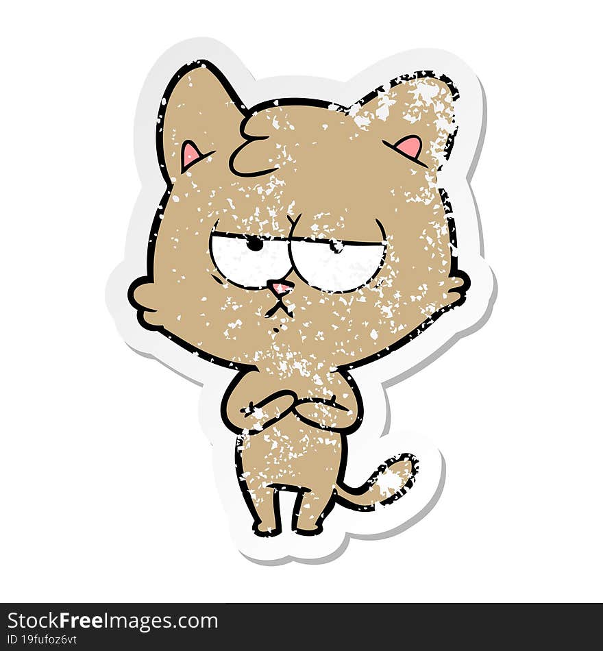 Distressed Sticker Of A Bored Cartoon Cat