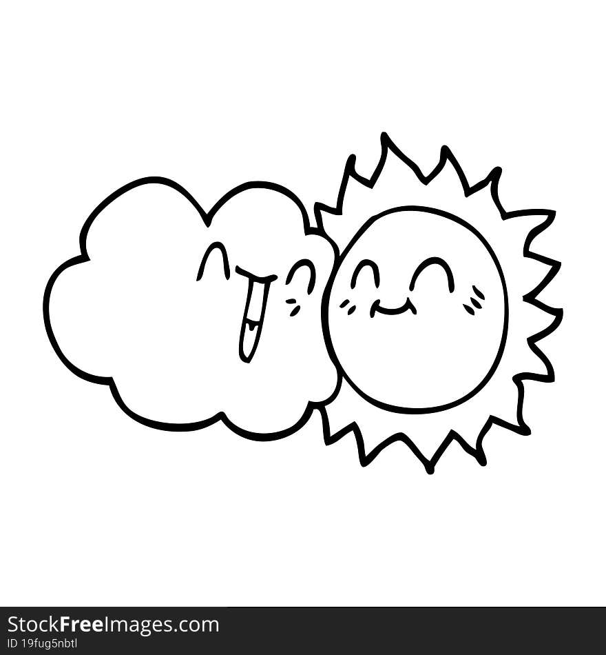 line drawing cartoon happy sun and cloud