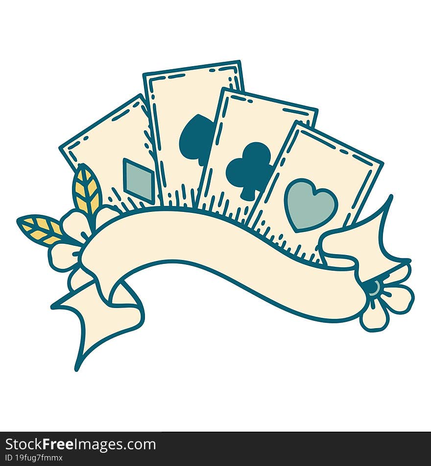 iconic tattoo style image of cards and banner. iconic tattoo style image of cards and banner