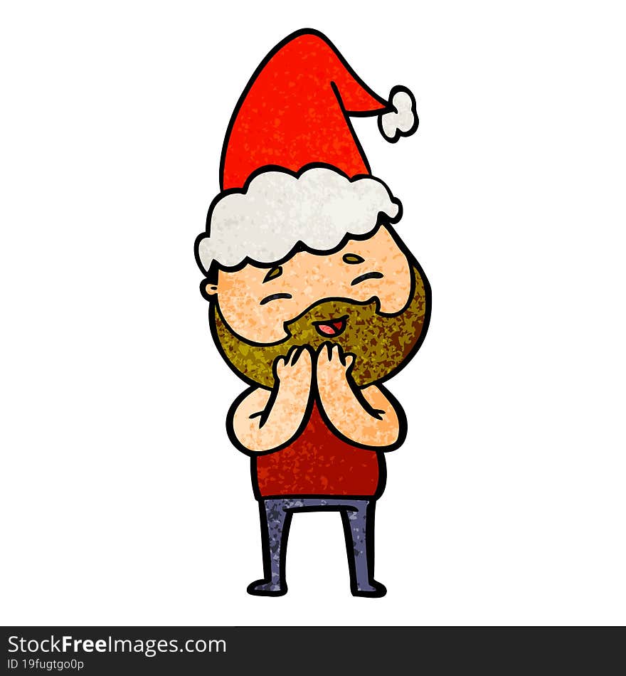 hand drawn textured cartoon of a happy bearded man wearing santa hat