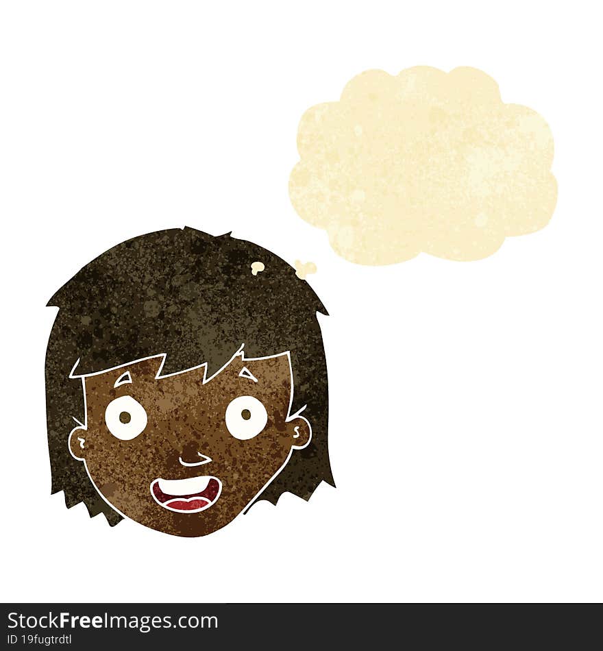 cartoon happy female face with thought bubble