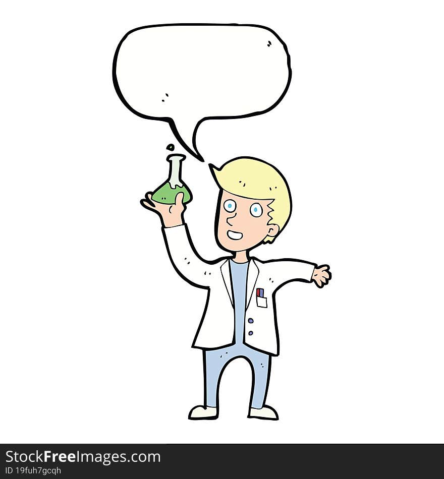 Cartoon Happy Scientist With Speech Bubble