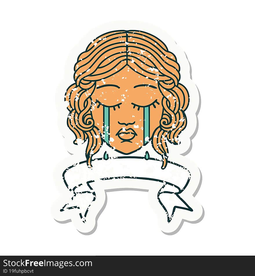 grunge sticker with banner of female face crying