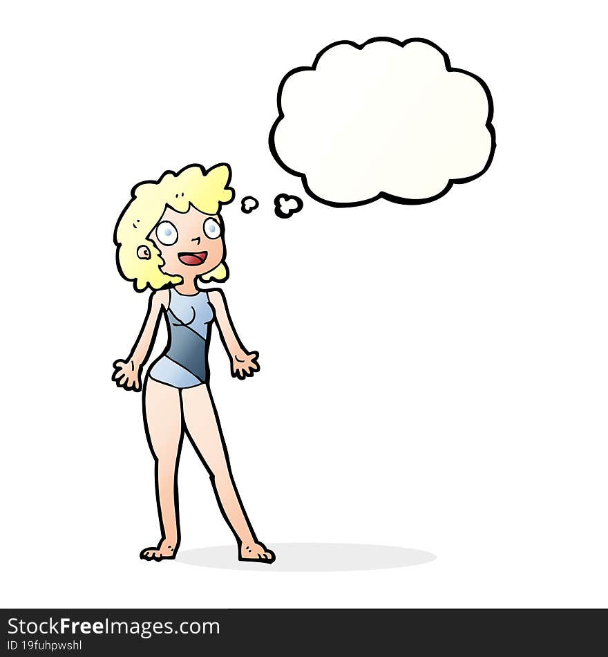 cartoon woman in swimming costume with thought bubble