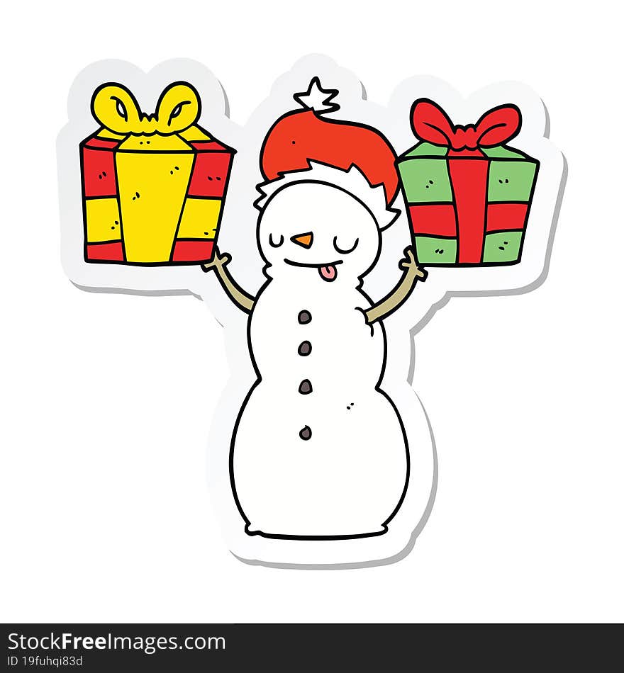 Sticker Of A Cartoon Snowman With Present