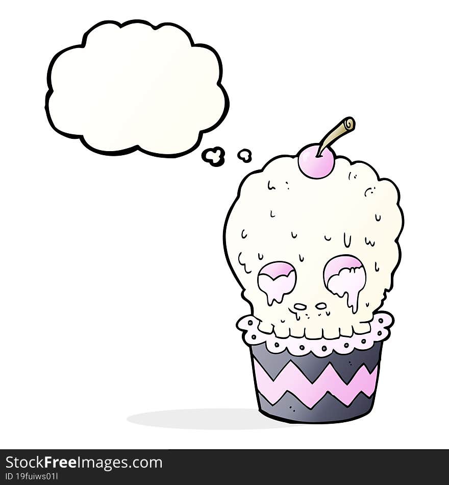 spooky skull cupcake cartoon with thought bubble