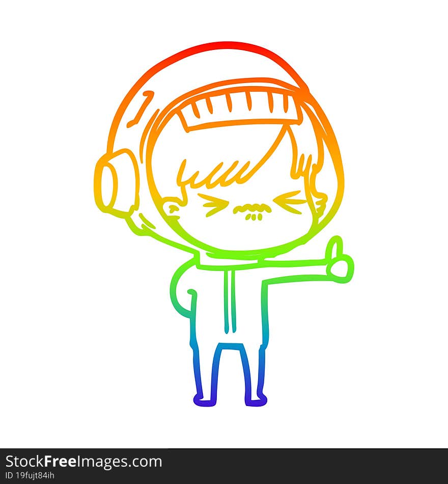 rainbow gradient line drawing annoyed cartoon space girl giving thumbs up sign