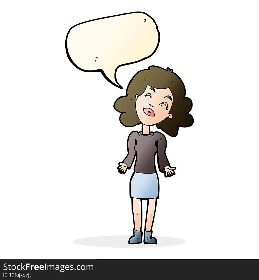 cartoon woman shrugging shoulders with speech bubble