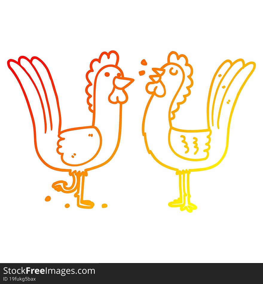 warm gradient line drawing of a cartoon chickens