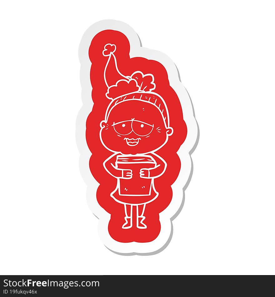 cartoon  sticker of a happy old lady wearing santa hat