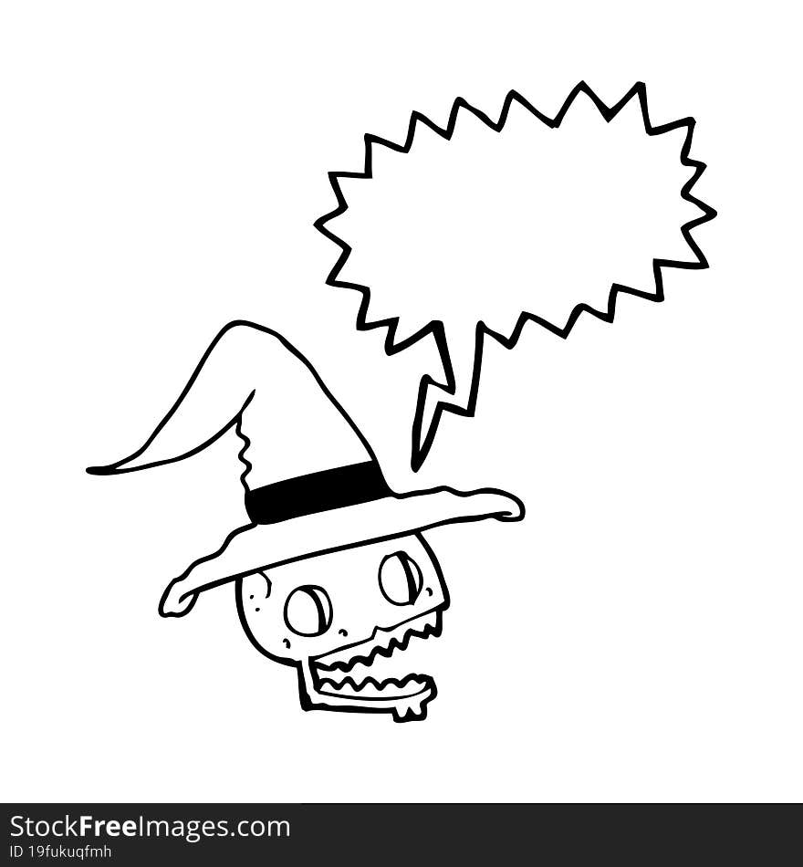 speech bubble cartoon skull wearing witch hat