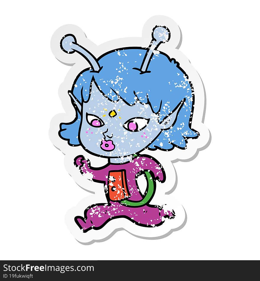 distressed sticker of a pretty cartoon alien girl running