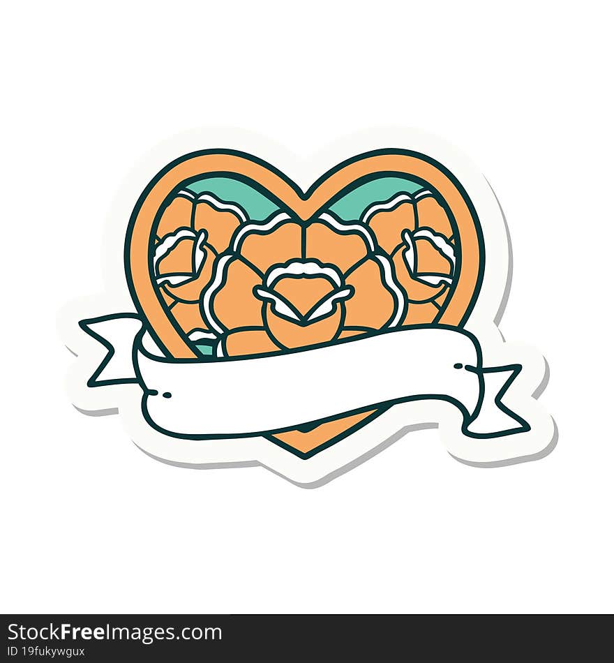 sticker of tattoo in traditional style of a heart and banner with flowers. sticker of tattoo in traditional style of a heart and banner with flowers