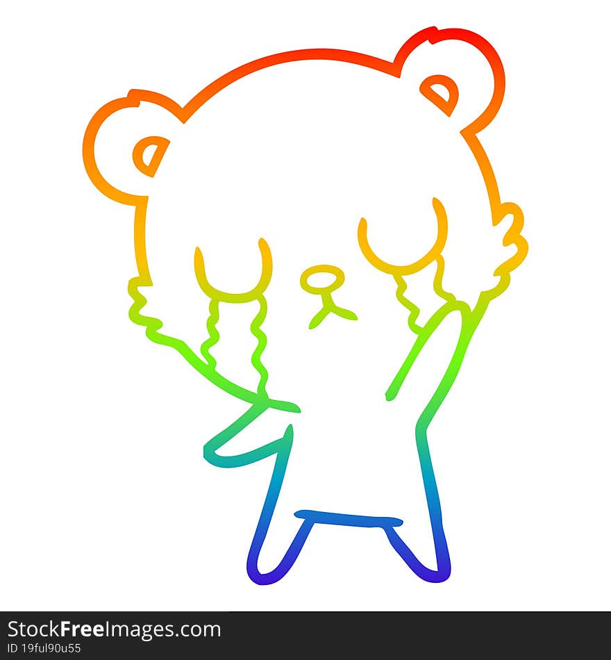 rainbow gradient line drawing crying cartoon bear waving