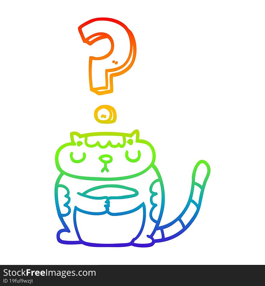 rainbow gradient line drawing cartoon cat with question mark