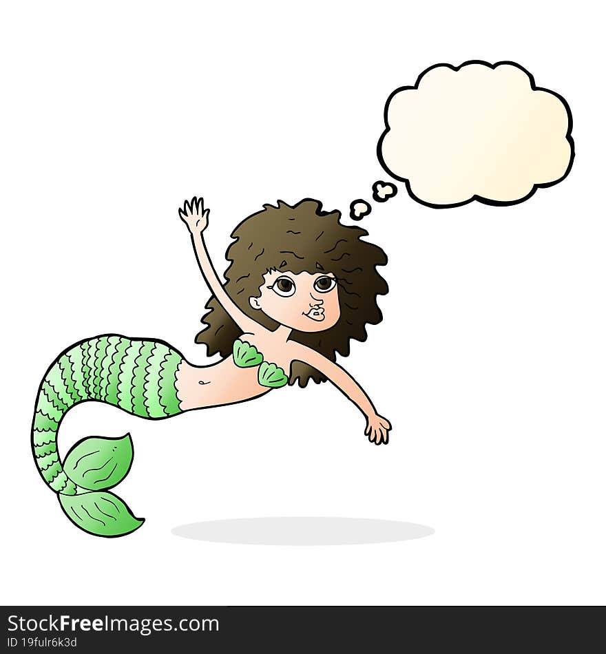 cartoon pretty mermaid waving with thought bubble