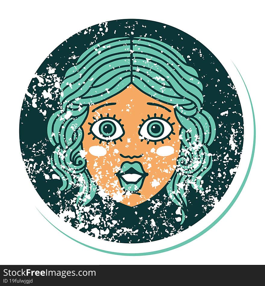 distressed sticker tattoo style icon of female face