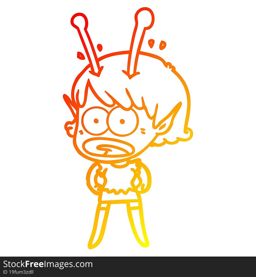 warm gradient line drawing of a cartoon shocked alien girl