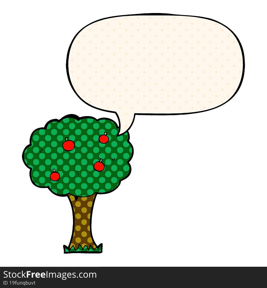 Cartoon Apple Tree And Speech Bubble In Comic Book Style