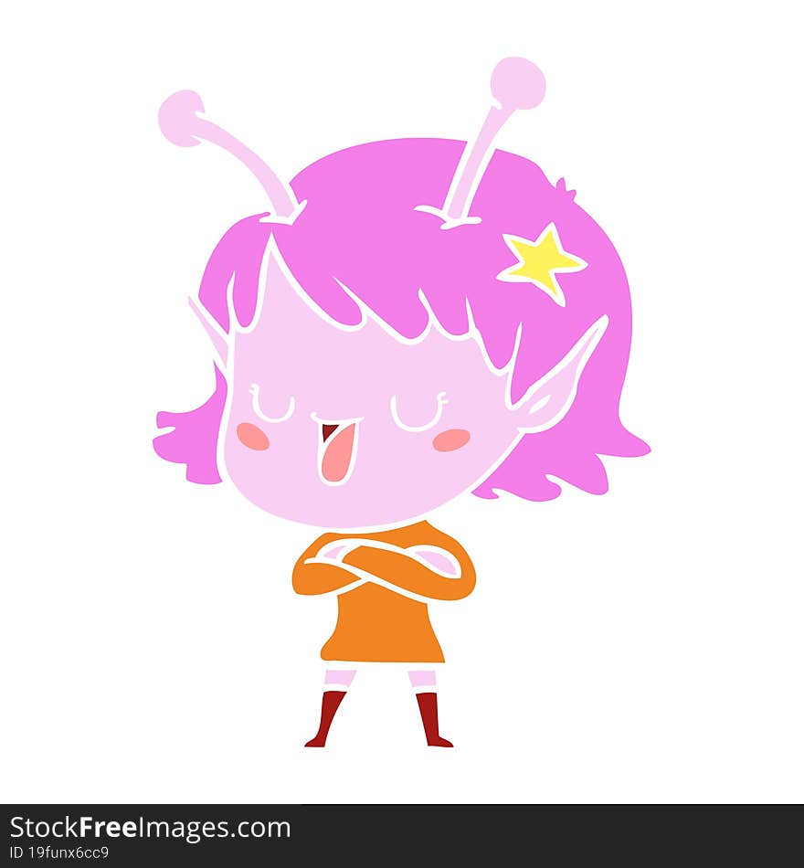 happy alien girl flat color style cartoon