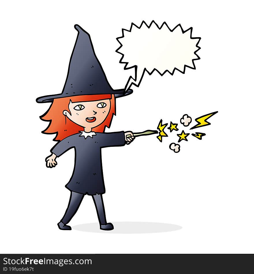 Cartoon Witch Girl Casting Spell With Speech Bubble