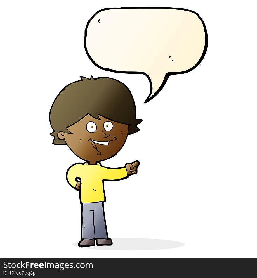 cartoon boy laughing and pointing with speech bubble