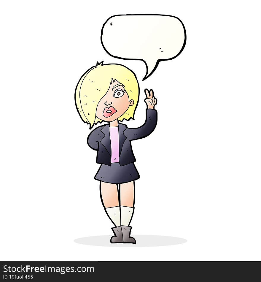 cartoon cool girl giving peace sign with speech bubble